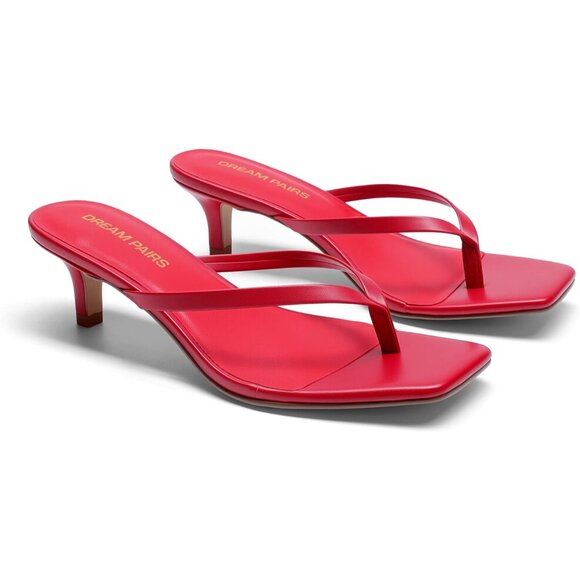 Dream Pairs Women Red Faux Leather Square Open Toe Low Heels Sandals Shoes - Picture 3 of 8